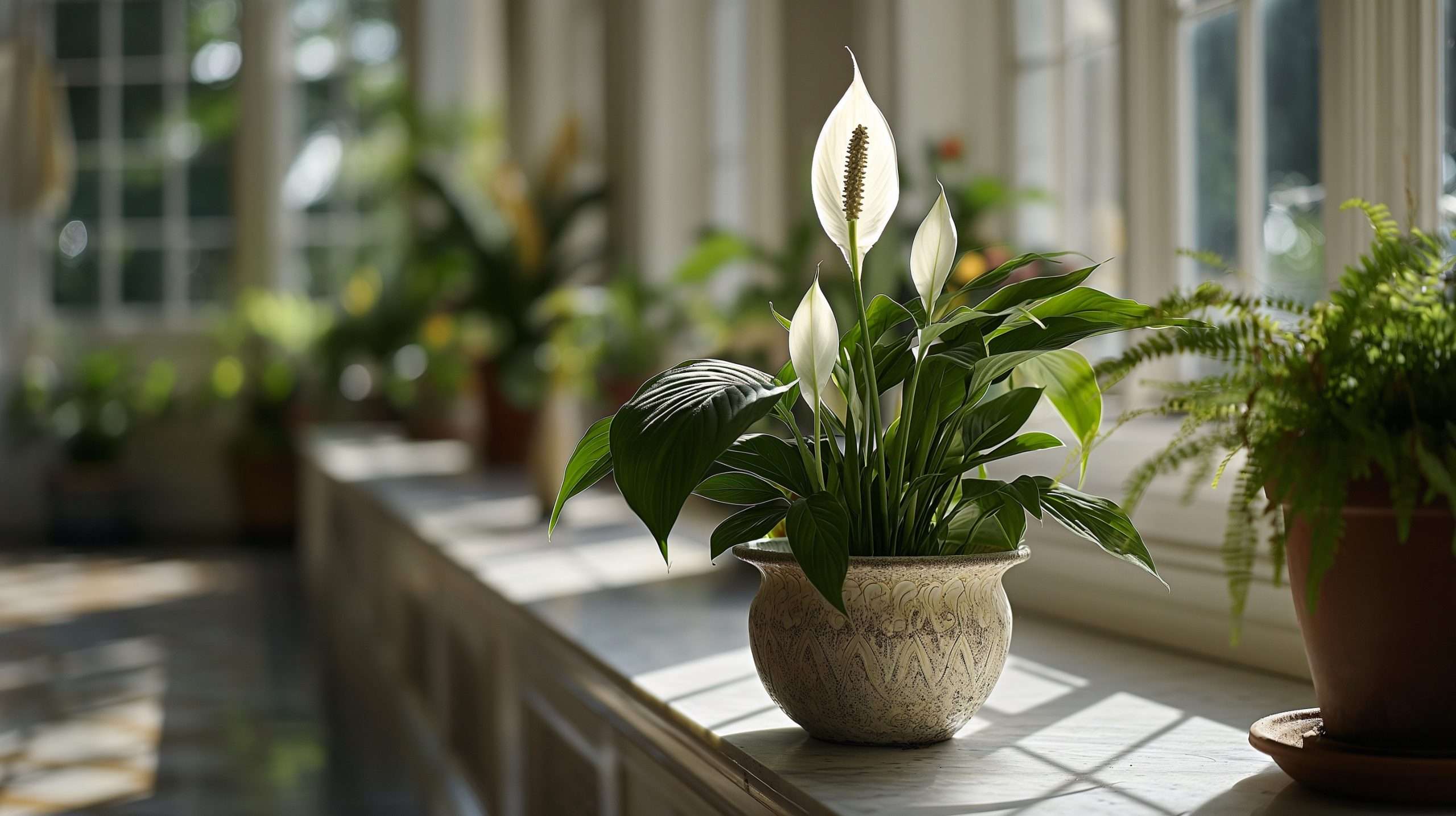 Beautiful peace lily sitting by the window.