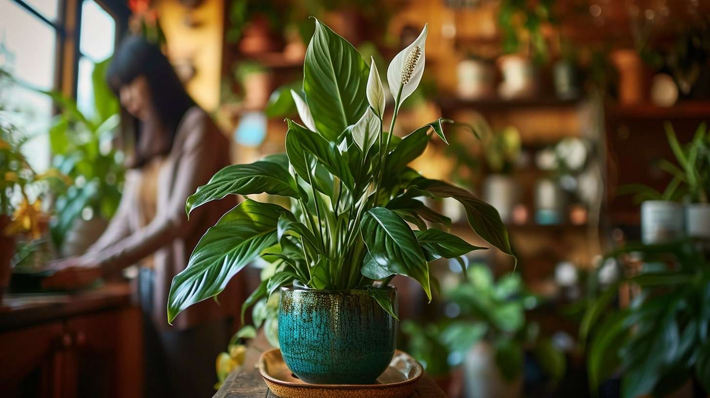 A beautiful peace lily with no sign of peace lily brown leaves.
