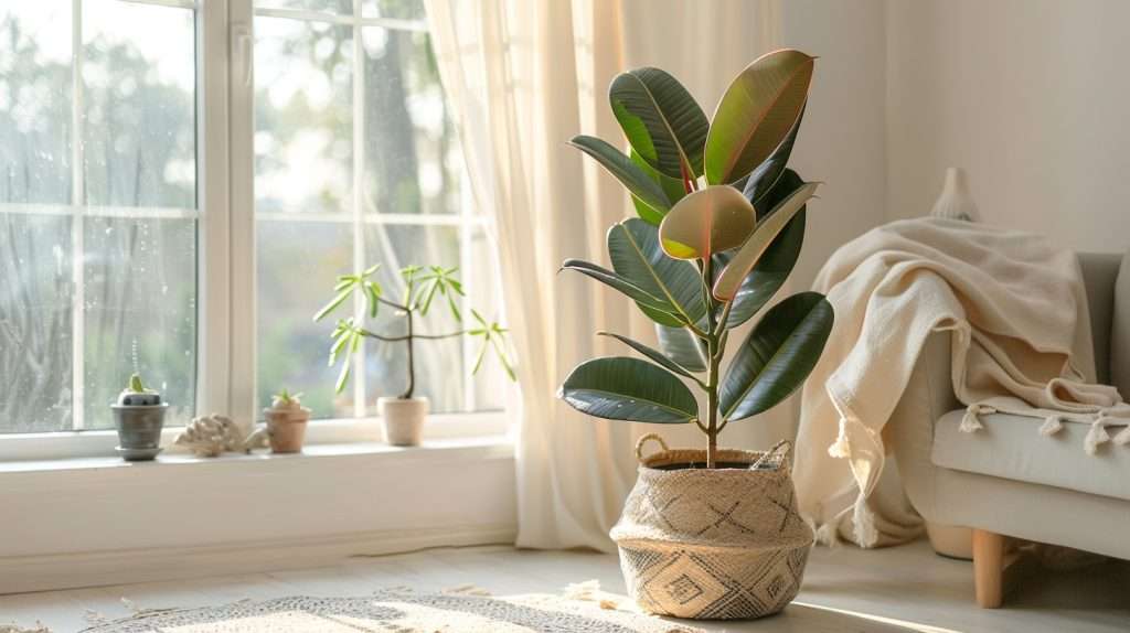 A beautiful rubber tree plant sits in a living room. How to care for a rubber plant.