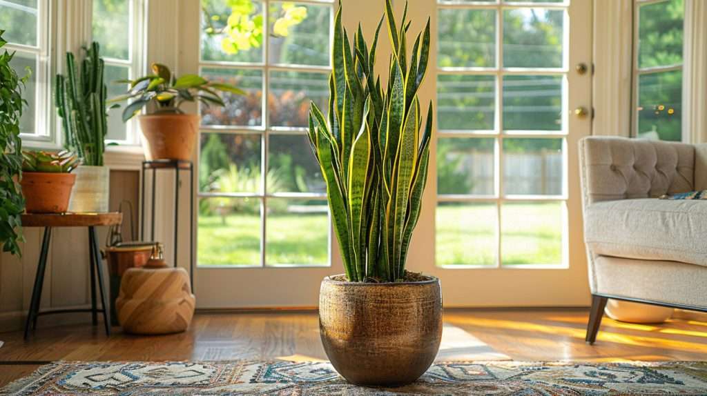 A beautiful snake plant sits in a copper pot. Snake plant pruning.
