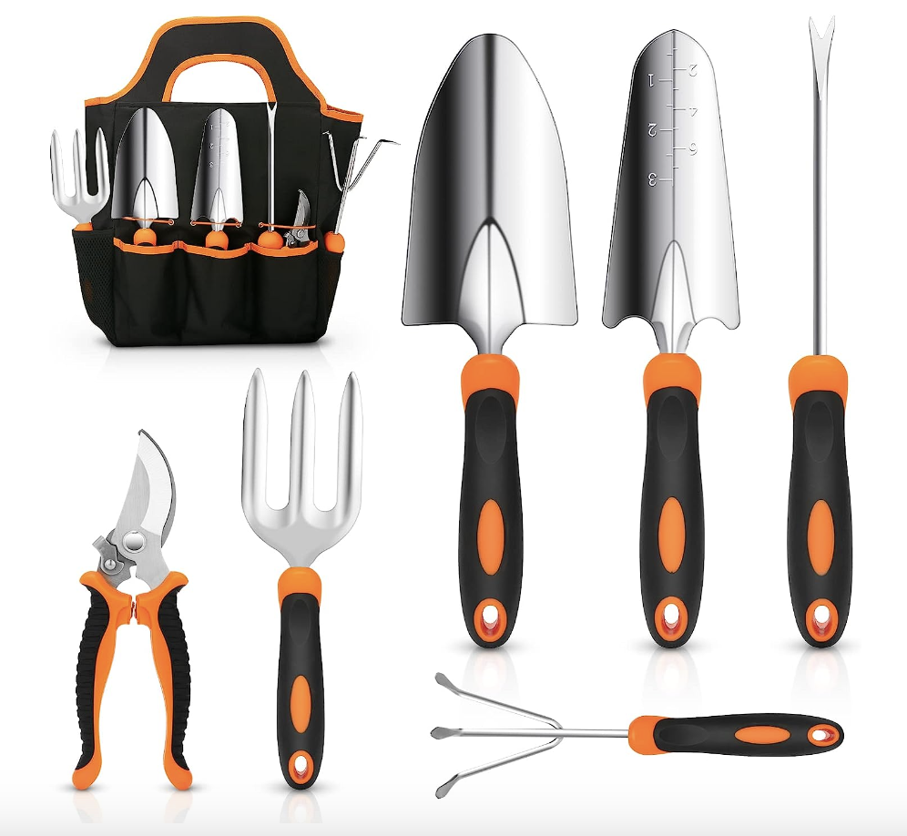 Garden Tool Set including a bag, shovels, pruners and gardening tools in the colors of orange and black
