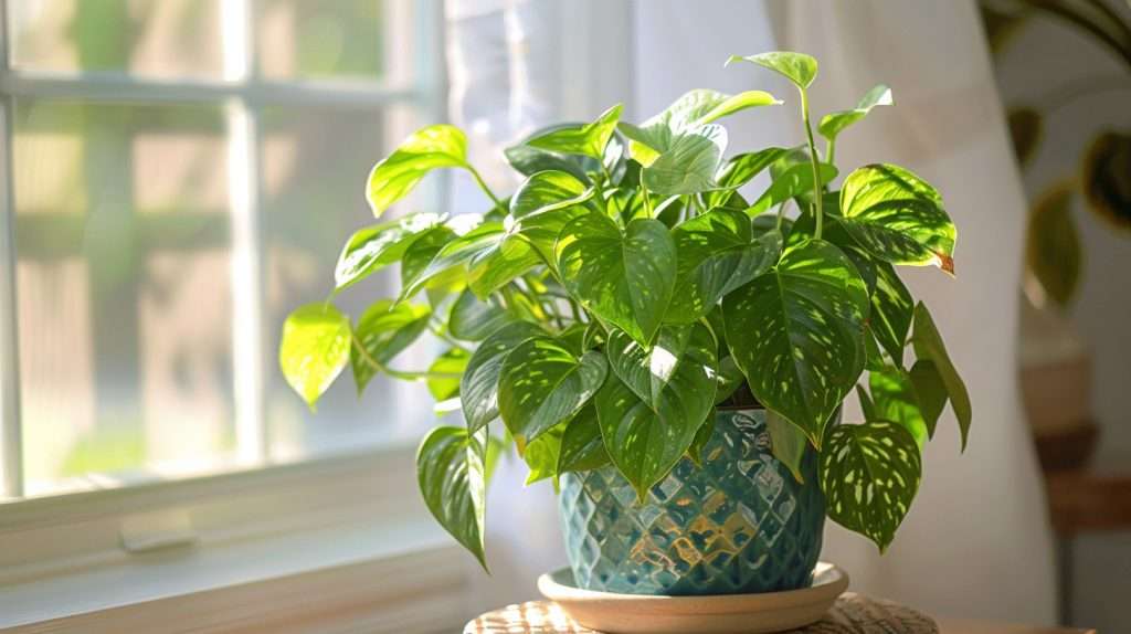 A beautiful pothos plant sits in a windowsill. Pothos plant benefits.