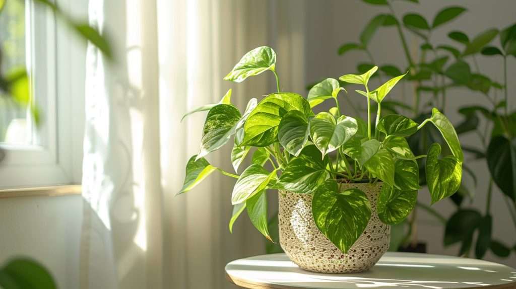 A beautiful pothos plant sits in the window. Pothos Plant Light Requirements
