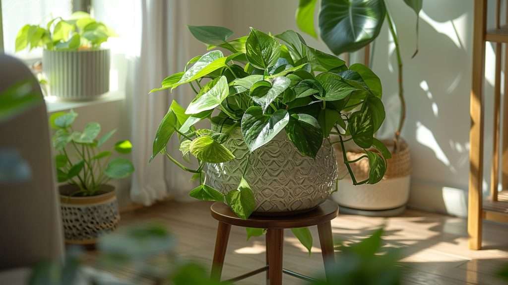A beautiful pothos sits on a stool in a pretty pot. how to propagate pothos