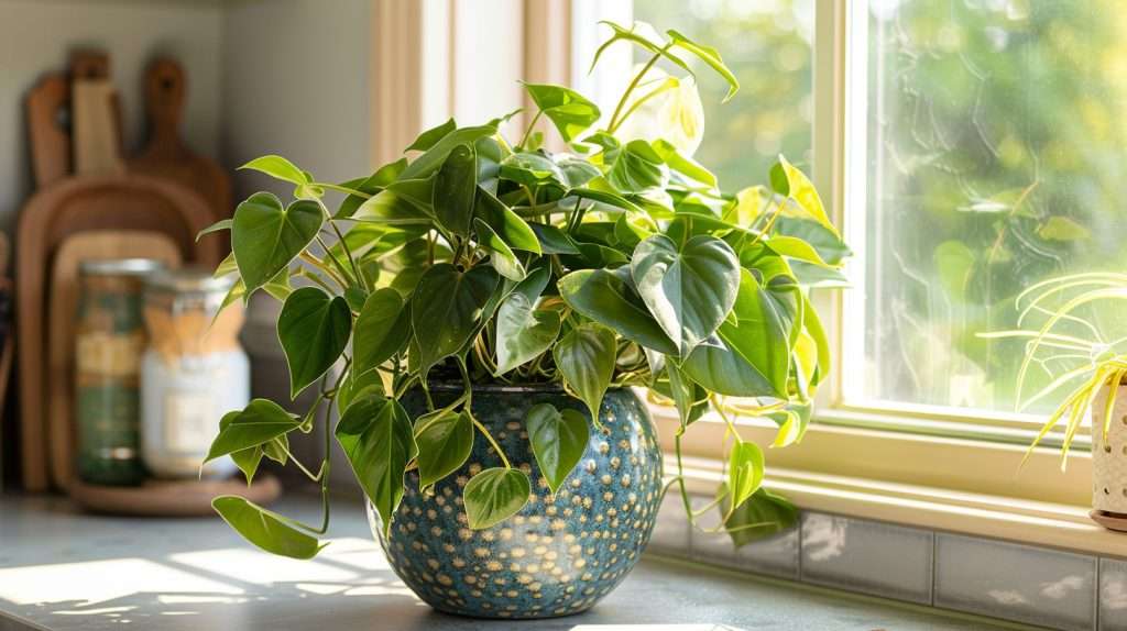 A pretty philodendron sits in a window in a kitchen. Philodendron watering requirements