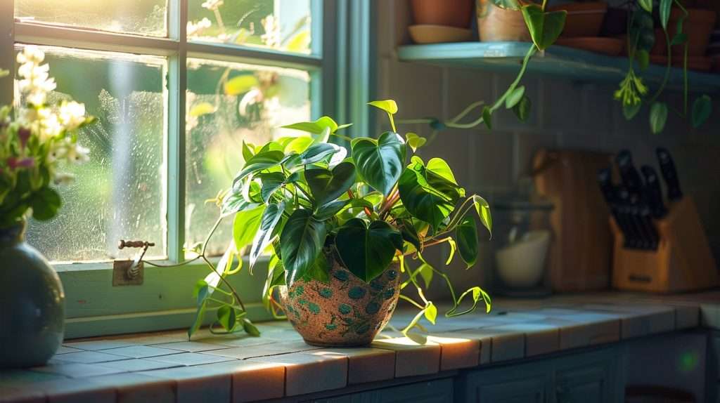 A beautiful philodendron sits in a window in a kitchen. philodendron care tips