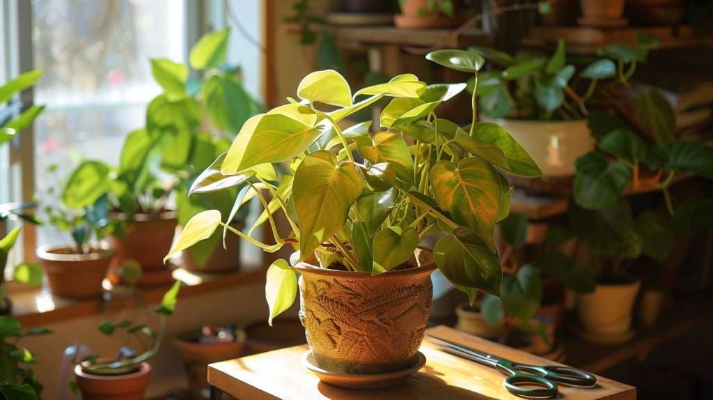 A philodendron sits on a table in a sunny room. Philodendron propagation techniques