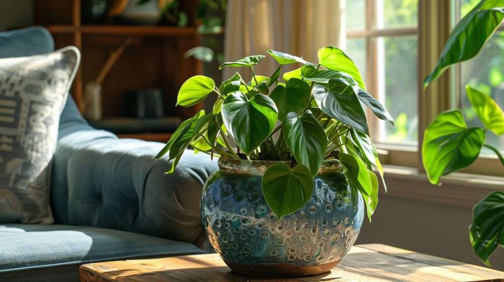 A beautiful philodendron plant in a blue pot. Philodendron plant troubleshooting