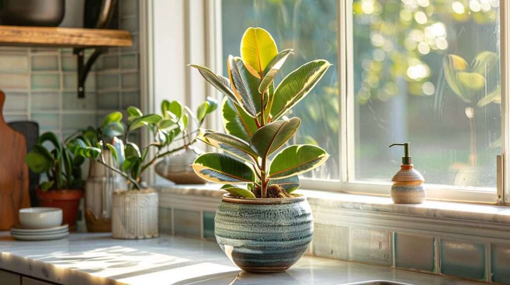Rubber plant sits in the window in the kitchen. Rubber plant watering