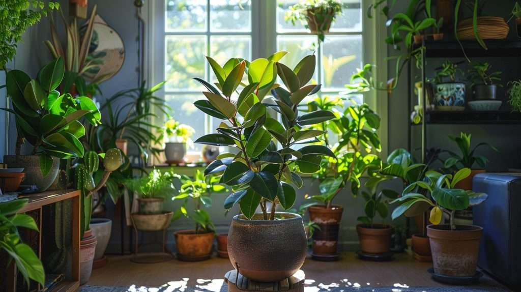 A beautiful rubber plant in a window in a room. Rubber plant indoor care.