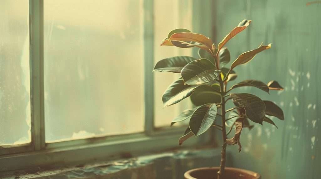 A rubber plant with drooping leaves. Rubber plant leaves drooping